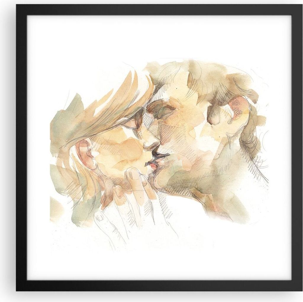Gerahmtes Poster - Schwarzer Rahmen - Kuss Paar Liebe - 40x40 cm - Wand Bild - Wanddeko - Wandbilder - Kunstposter - Wandposter - Bilderrahmen - Bi...