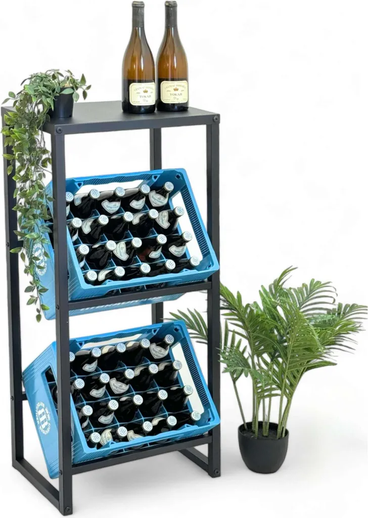 Support pour caisses de boissons 100 cm en métal noir avec étagère