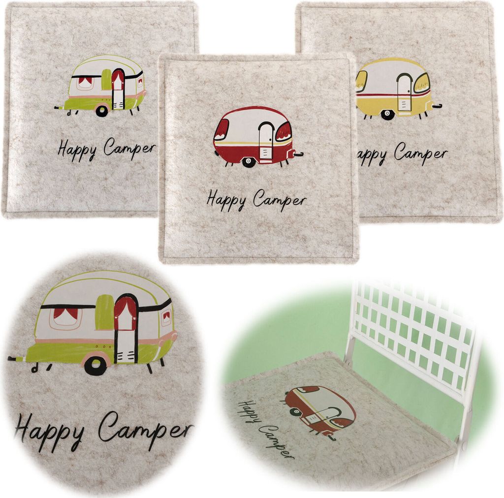 LS-LebenStil Filz Sitzkissen Happy Camper 35x35cm Beige Quadratisch Stuhlkissen Camping Caravan Wohnwagen Bierbank Deko-Kissen