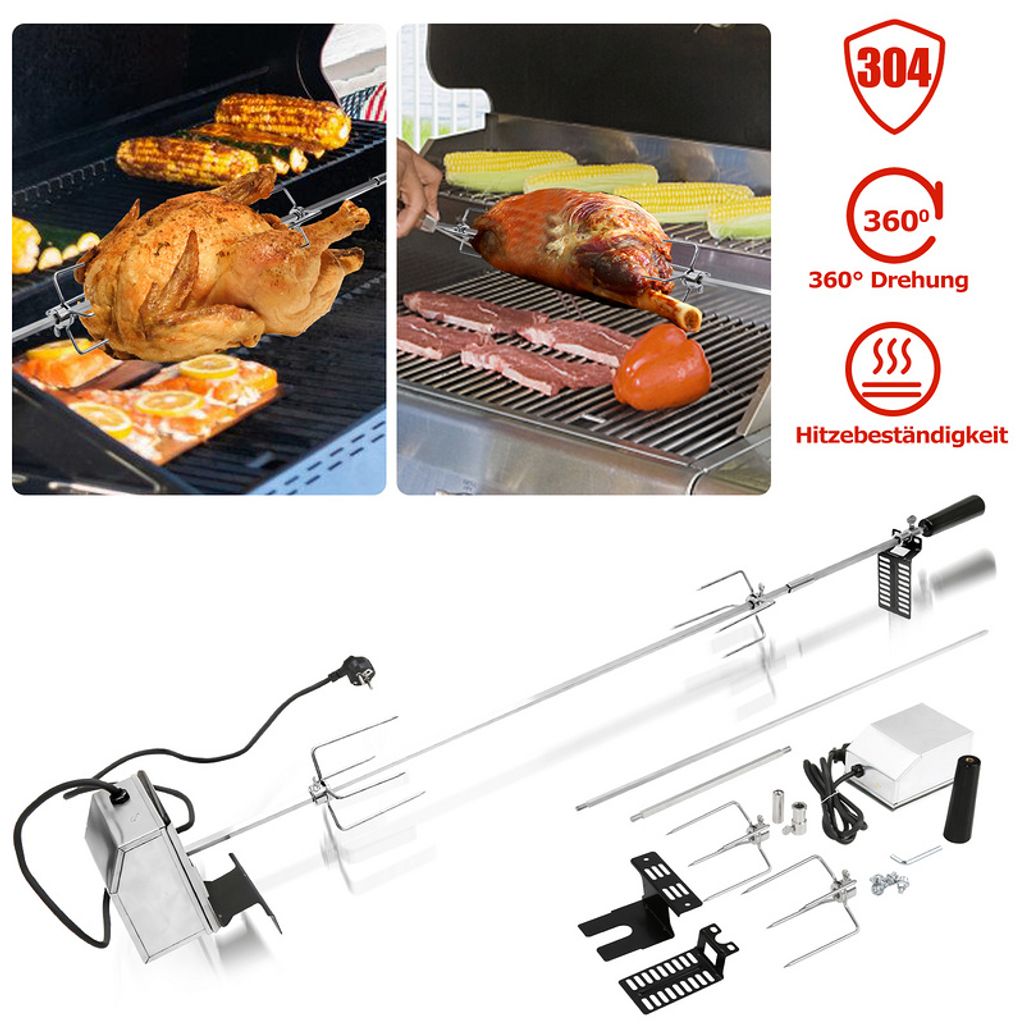 Jiubiaz Edelstahl Grillspieß Set 117cm BBQ Fleischklammer mit Motor inkl. Fleischnadeln 220V-240V Elektrischer Drehspieß Rotisserie Drehspiess Ca...