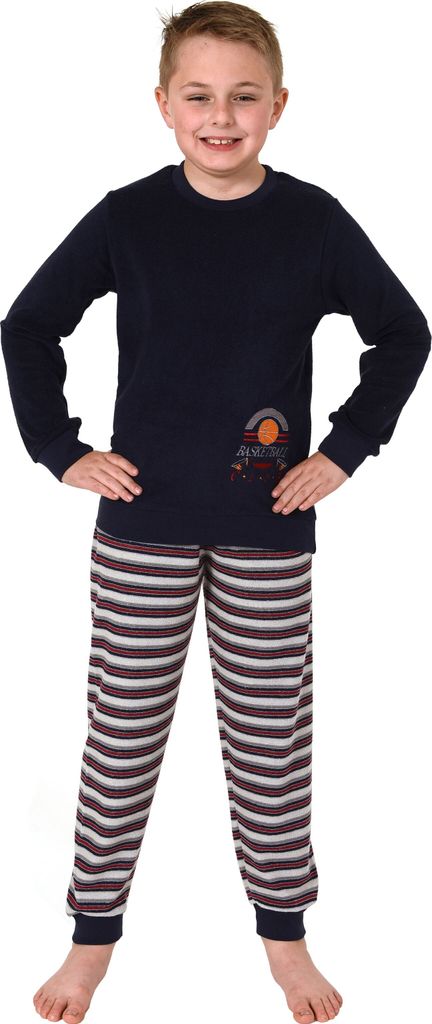 Jungen Frottee langarm Schlafanzug Pyjama mit Bündchen und Basketball-Motiv ; grau , 164