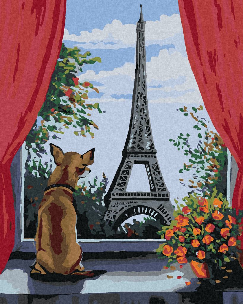 Zuty - Malen nach Zahlen - HÜNDCHEN IM FENSTER UND BLICK AUF DEN EIFFELTURM, 40x50 cm, ohne Keilrahmen