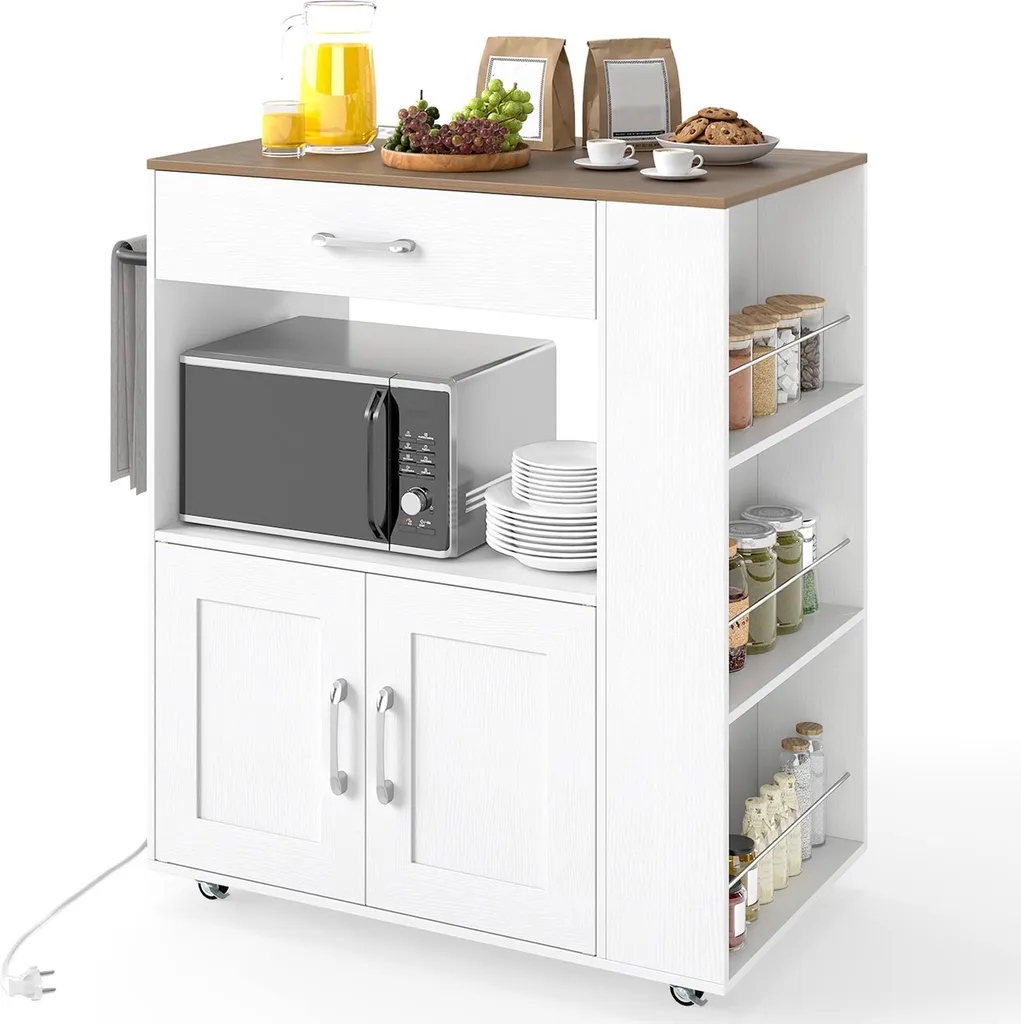 COSTWAY Chariot de Cuisine sur Roulettes Blanc et Naturel 75x46x90,5cm
