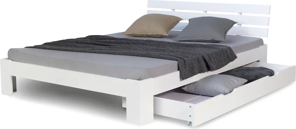 Lit Double 140x200 cm Bois Blanc avec Tiroir pour Rangement Chambre