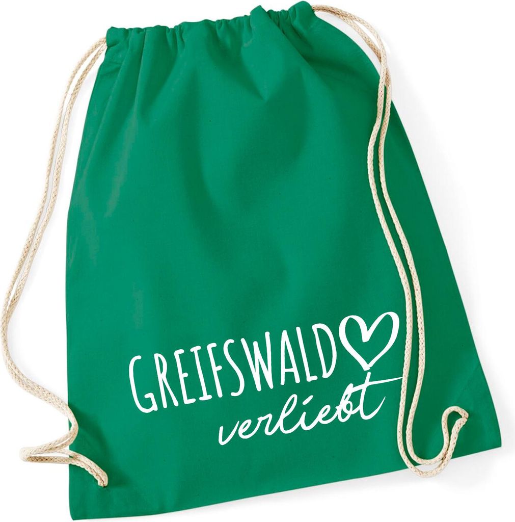 Huuraa Turnbeutel Greifswald verliebt 12 Liter Kelly Green Baumwolle Rucksack Geschenkidee