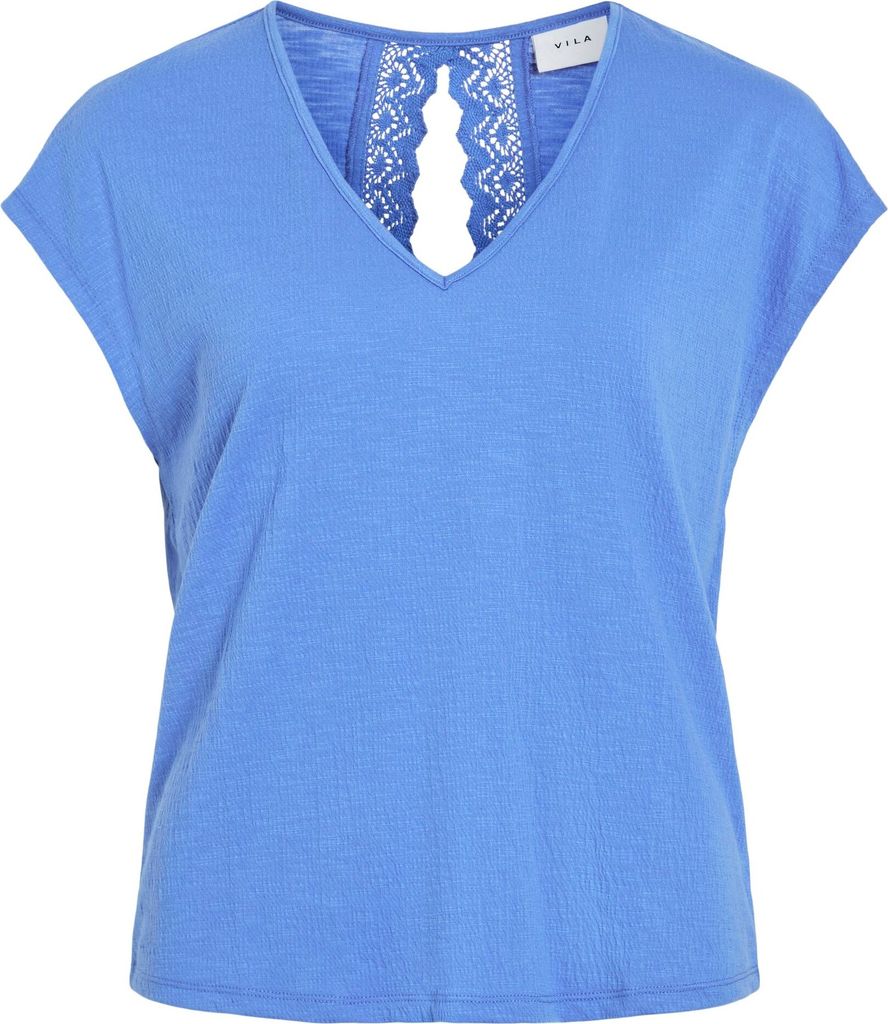 VILA Legeres Blusen Shirt mit Spitzen Details V-Ausschnitt Modisches Kurzarm Top Größe: S