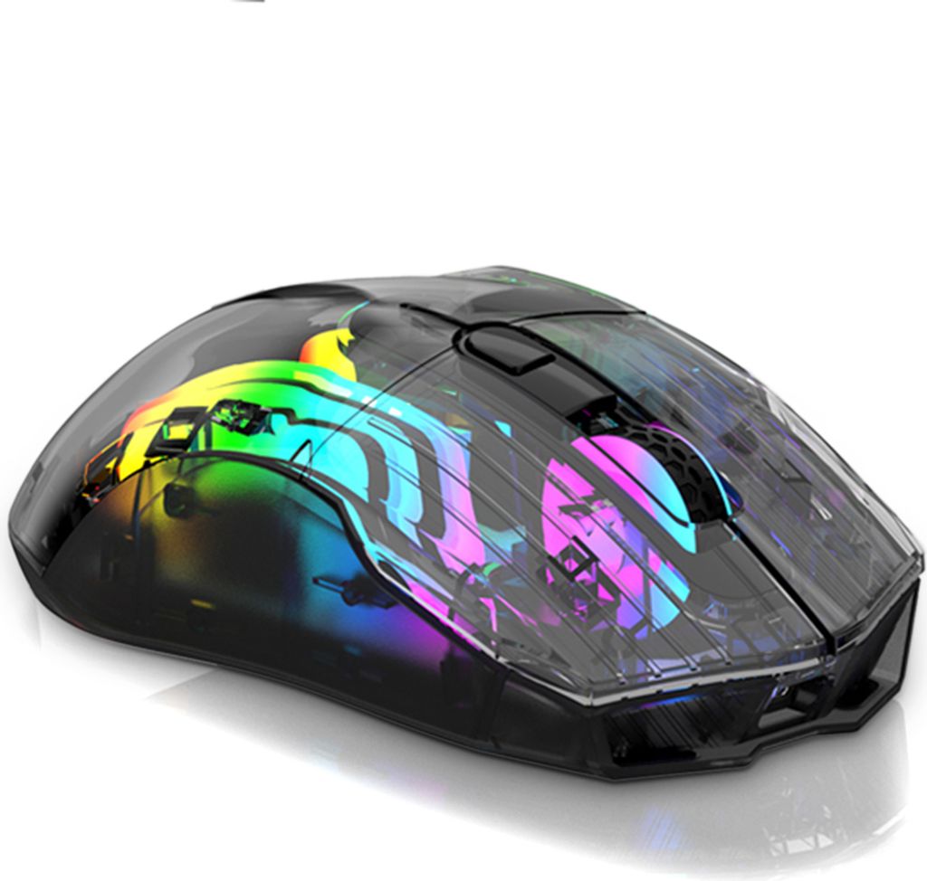 A black gaming mouse with RGB lighting against a white background.
