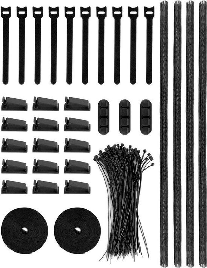 Kabelorganisation-Kit mit Selbstklebepackungen und großen Kabelfixierern in Silikon.