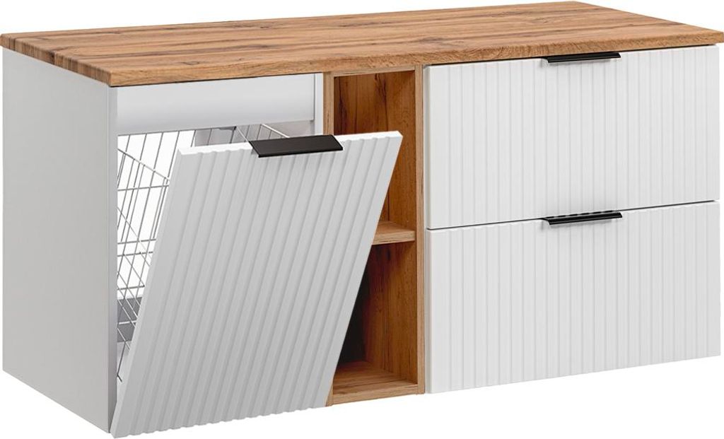 Waschtischunterschrank 120.8cm Adriel mit 2 Schubladen, Weiß und Holzoptik