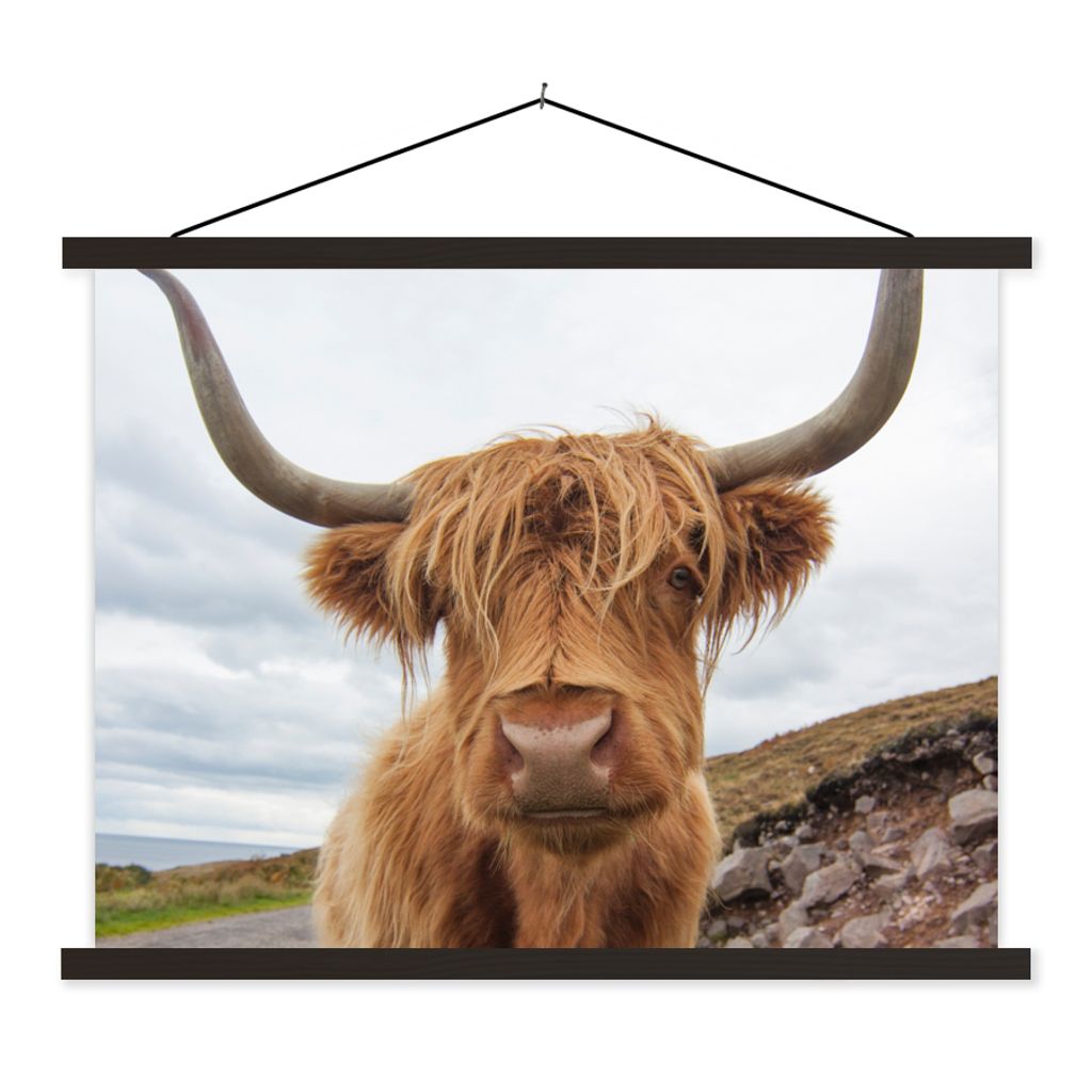 MuchoWow Textilposter Schottischer Highlander - Hörner - Berg 60x45 cm mit schwarzem Rahmen - Poster Schlafzimmer