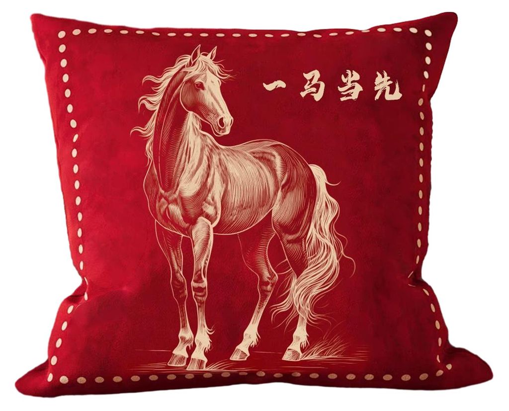 Kissenbezug zum Chinesischen Neujahr, Jahr des Pferdes, roter Dekokissenbezug mit chinesischem Tierkreiszeichen Pferd, dekorativer Kissenbezug für...