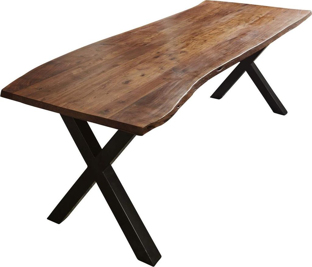 Esszimmertisch 220x100 cm Xanten, Baumkantentisch nussbaumfarben, Akazienholz massiv, X-Gestell aus Metall schwarz