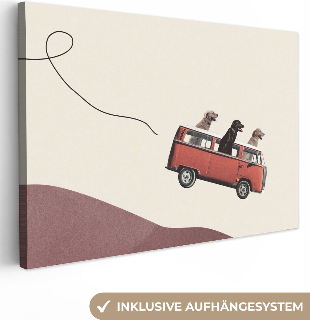 MuchoWow - Leinwandbilder - Hund - Retro - Bus, Wandbild, Wanddeko Bilder Wohnzimmer, 120x80 cm