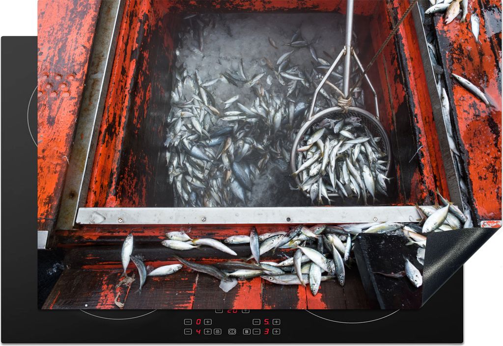 KitchenYeah Herdabdeckplatte Stapel von Fischen auf einem Fischerboot , 78x52cm, Küche Deko, Glaskeramikkochfeld Herdabdeckung, Abdeckplatte fù...
