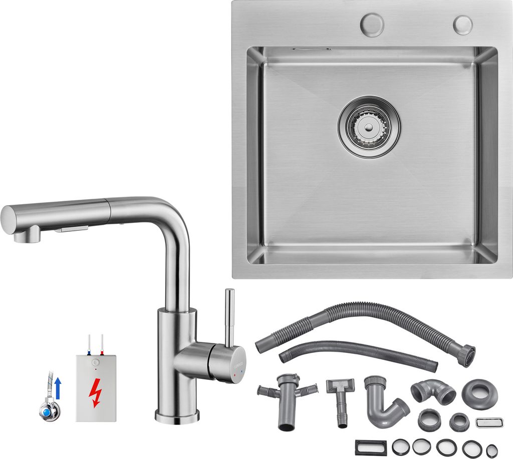 Auralum Küchenspüle Edelstahl Einbauspüle 45 × 45 CM + Niederdruck Ausziehbare Küchenarmatur, Gebürstet