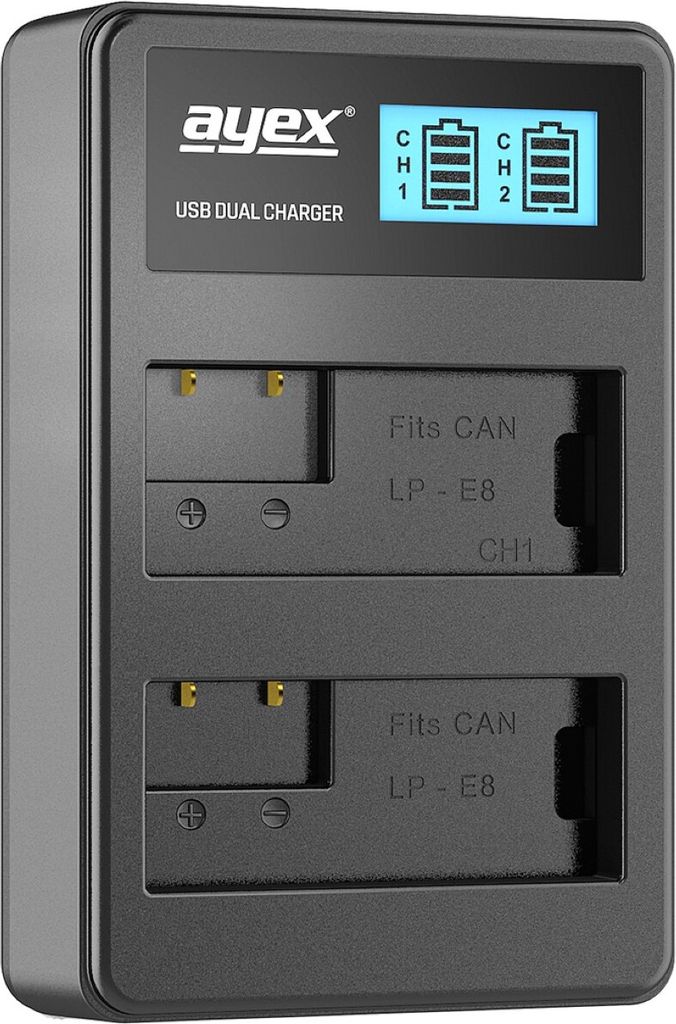 USB Dual Ladegerät für Canon LP-E8 Akkus beleuchtetes Display Ladestandanzeige