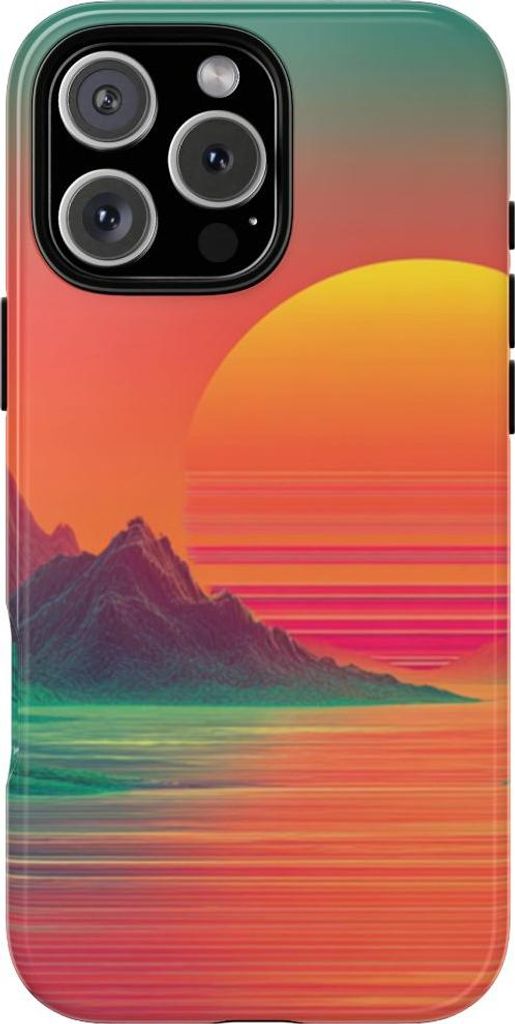 Neonfarbenes Sonnenuntergangs-Panorama mit Bergen und Meer – Hülle Kompatibel mit iPhone 16 Pro Max