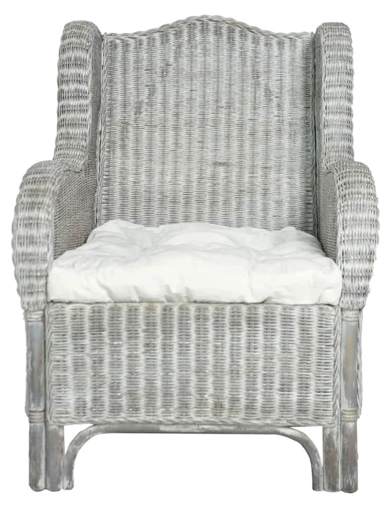Sessel mit Kissen in Grau aus Natur-Rattan und Leinen, Relaxsessel mit Fußhocker
