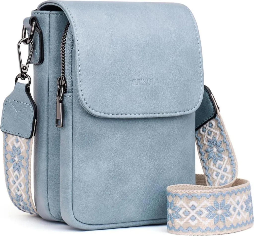 Sac pour portable femme en cuir bleu ciel avec protection RFID anti-vol