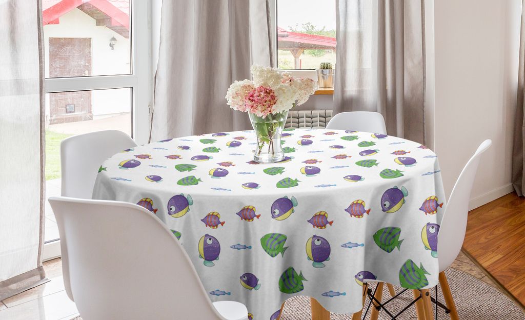 ABAKUHAUS Karikatur Runde Tischdecke, Fisch Bunte, Kreis Tischdecke Abdeckung für Esszimmer Küche Dekoration, 150 cm, weiß Multicolor