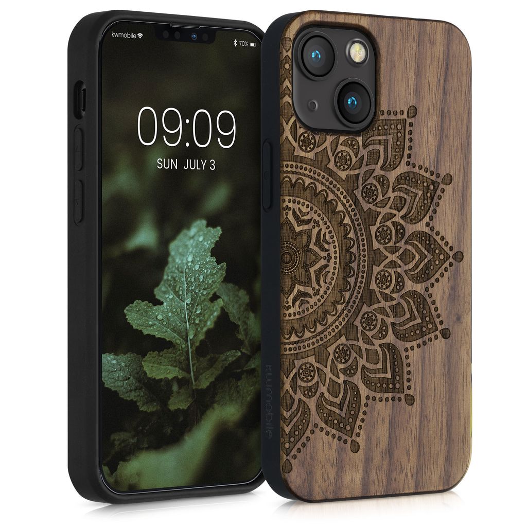 kwmobile Hülle kompatibel mit Apple iPhone 13 mini Hülle - Holz Case - Handy Cover - TPU Handyhülle in Dunkelbraun Aufgehende Sonne