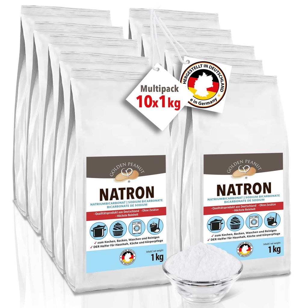 GOLDEN PEANUT Natron Pulver 10 x 1 kg Nachfüllpack Natriumhydrogencarbonat Backsoda Backpulver Wasch-Soda Lebensmittelqualität aus Deutschland