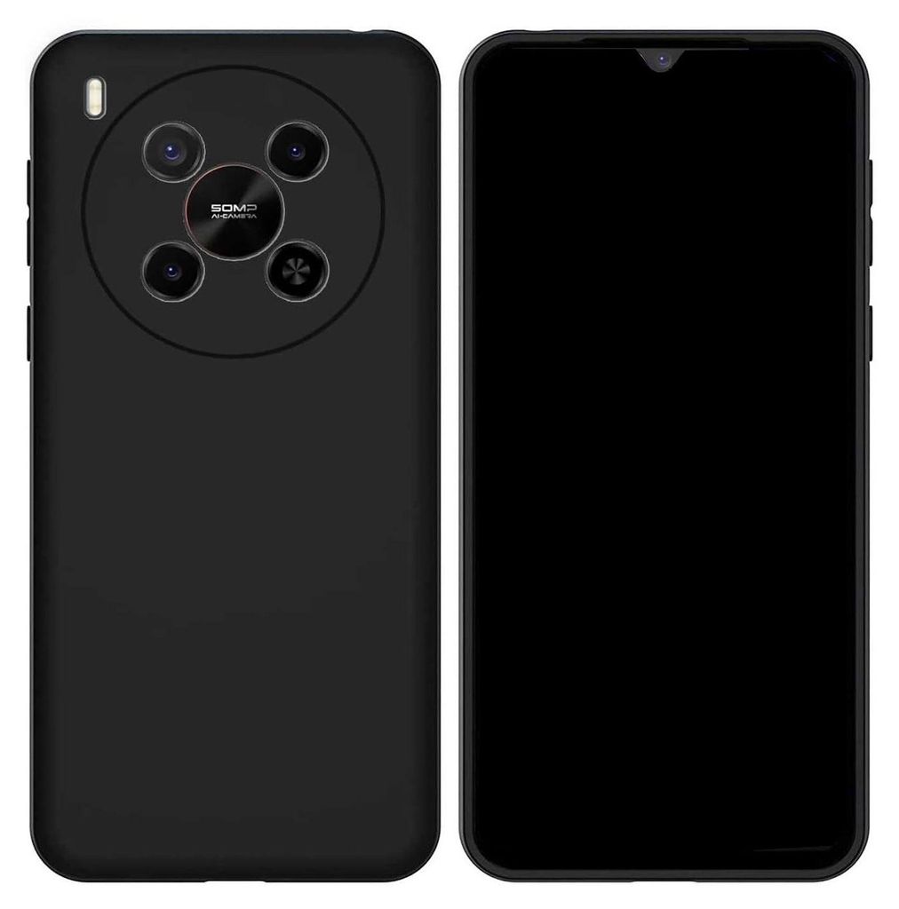 A black smartphone shown from the back and front.