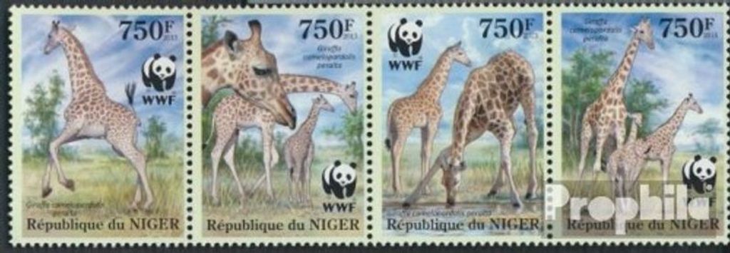 Briefmarken Niger 2013 Mi 2142-2145 Viererstreifen (kompl.Ausg.) postfrisch WWF - Giraffen (Giraffa camelopardalis peralta) -