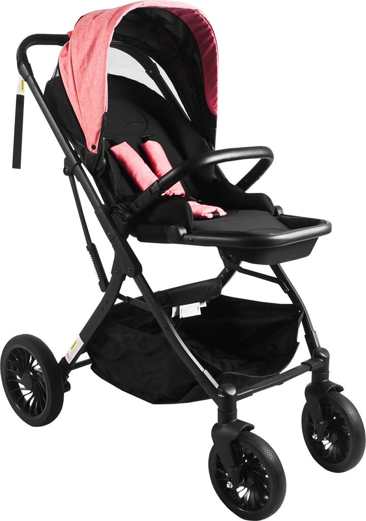 Kinderwagen Schwarz/Rosa, verstellbar, Liegefunktion, schwenkbare Räder, 104x56,5x82 cm