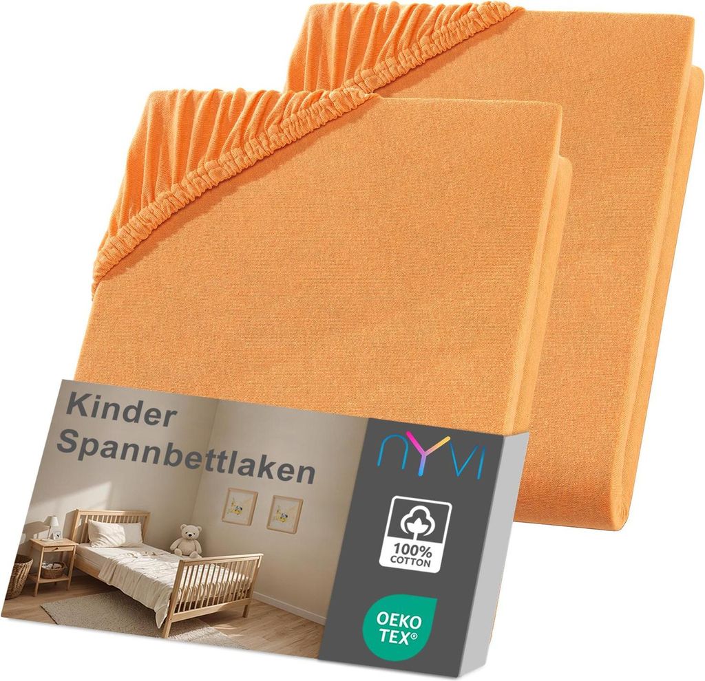 NYVI Kinder Spannbettlaken Junior 70x140 cm orange 2er Set für Kinderbettmatratzen bis 12cm Höhe - Weich & Anschmiegsam, Rundumgummizug, Bügelfrei
