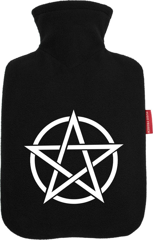 Huuraa Wärmflasche Pentagramm Drudenfuß 1,8 Liter Black Classic Veloursbezug Bettflasche Geschenkidee