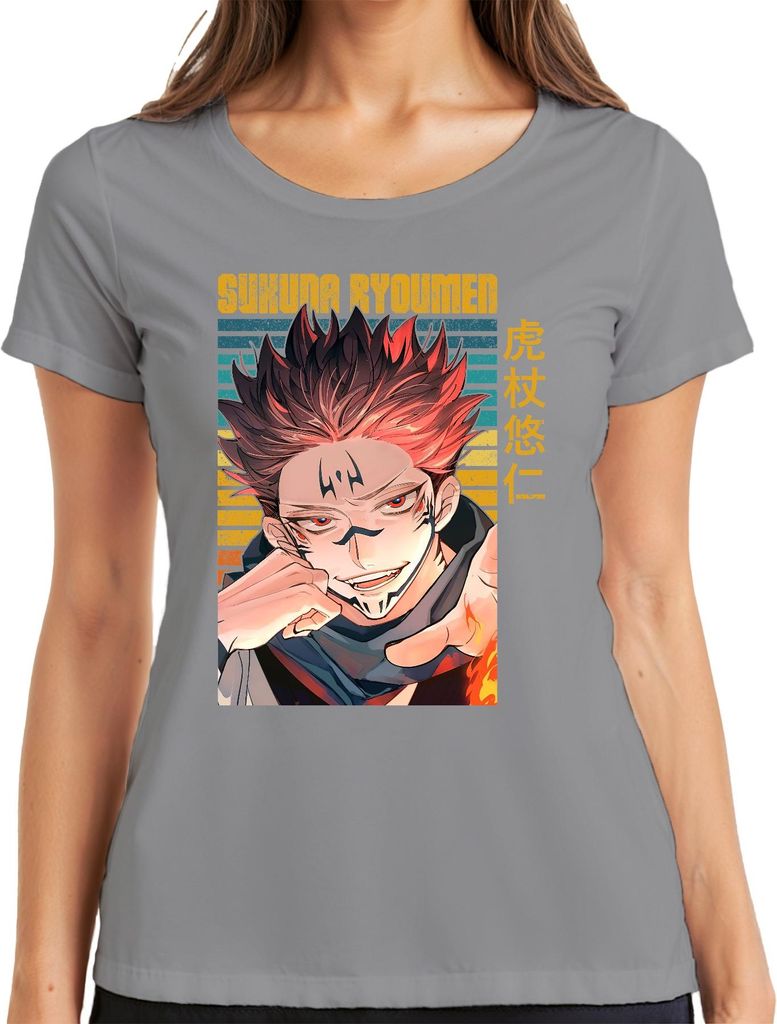 Sukuna Ryoumen Jujutsu Kaisen Dämon rot düster Fan Geschenk Damen T-Shirt, Grau, S