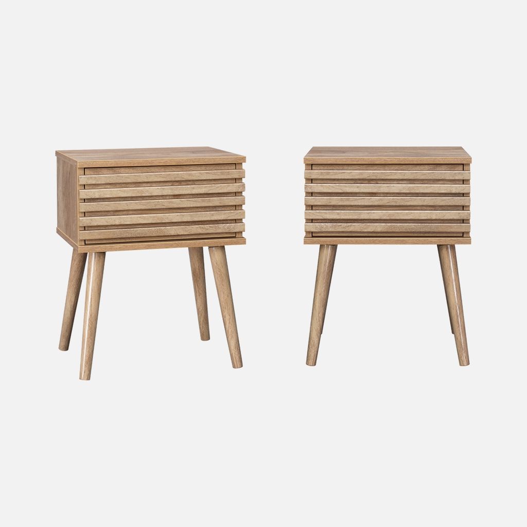 Two identical wooden nightstands with slatted fronts and tapered legs are shown against a plain light gray background.