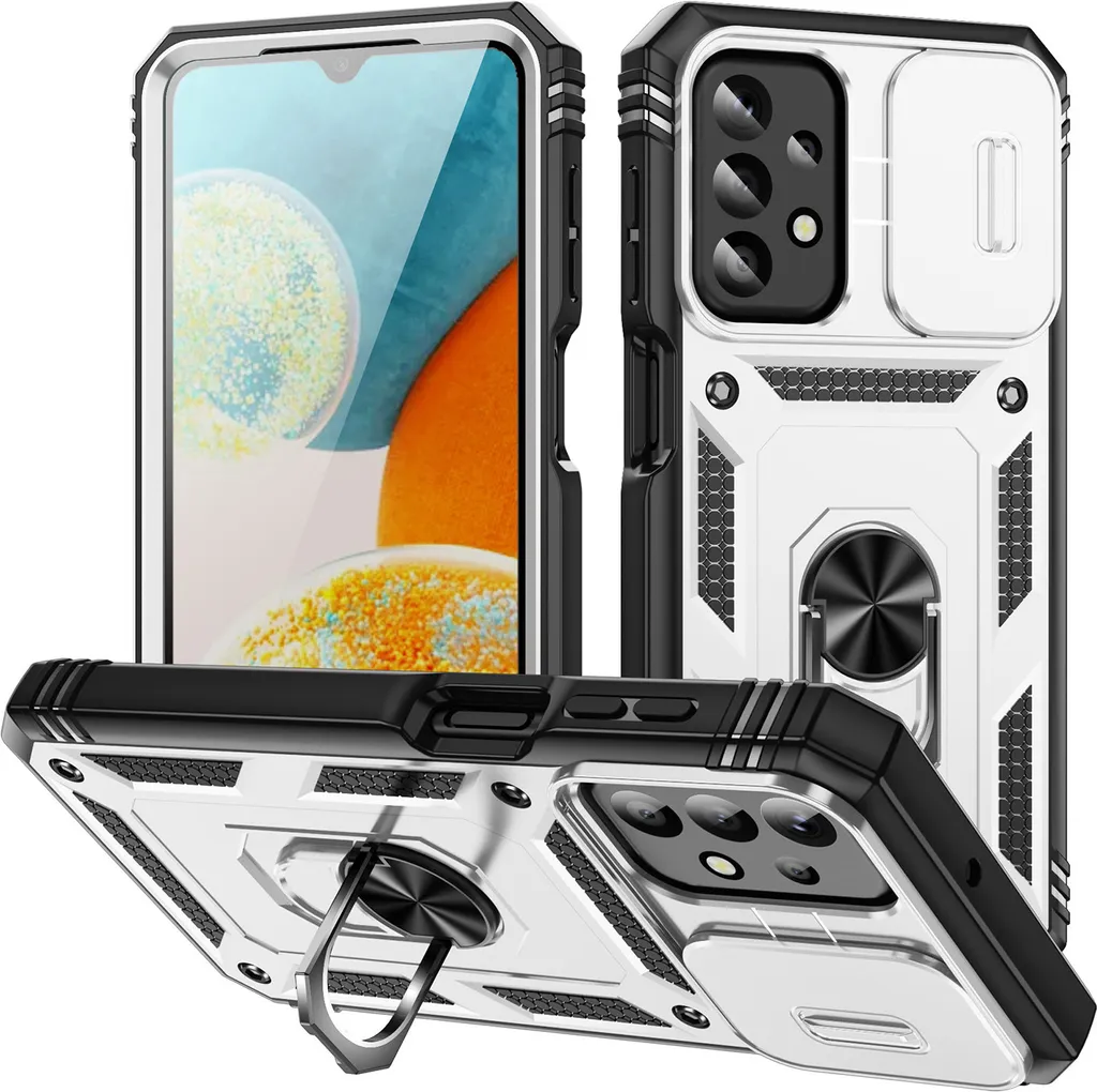 Custodia per Samsung Galaxy A23 5G/4G protezione fotocamera scorrevole, resistente agli urti, con supporto ad anello, supporto e porta carte Bianco - 1