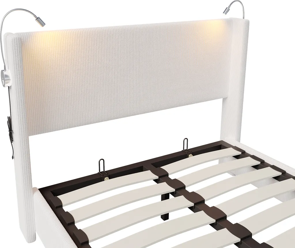 Lit capitonné 140x200cm avec lampe et coffre en velours côtelé beige