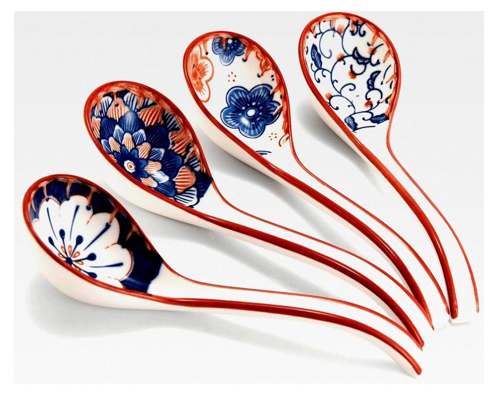 Asiatische Suppenlöffel aus Keramik im 4er Set, Japanische Ramenlöffel, Chinesische Suppenlöffel mit langem Griff für Knödel, Reisnudeln und W...