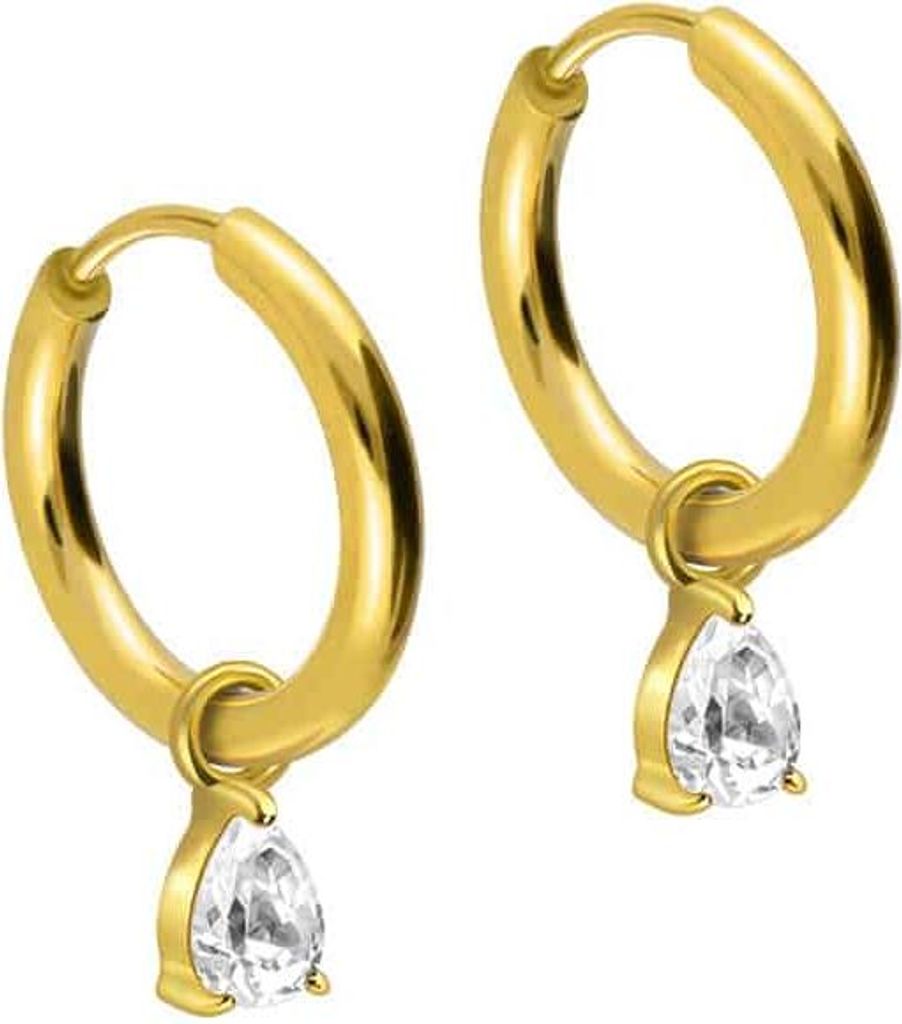 Chirurgenstahl Ohrclicker Creolen EINGEFASSTER KRISTALLTROPFEN Gold Innendurchmesser: 10mm + Designstärke: 1,6mm