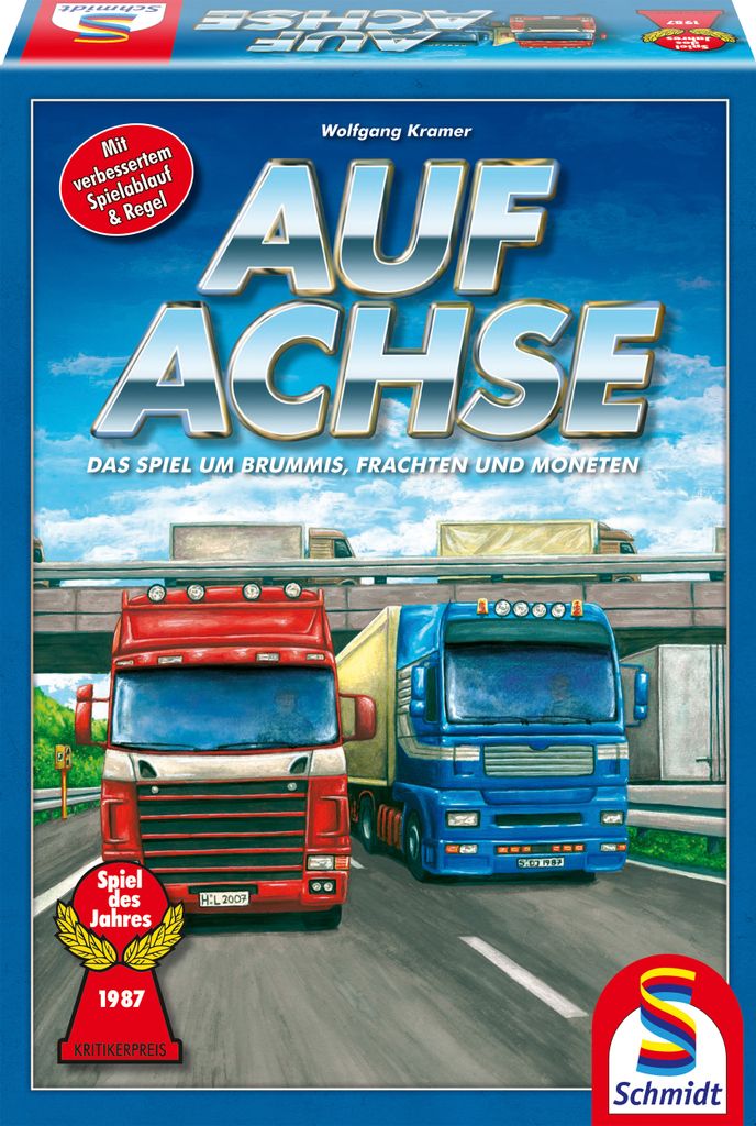 The image shows the box of the board game 'Auf Achse', featuring two trucks on a highway.