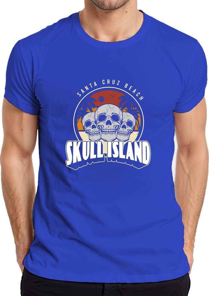 Totenkopf Skull Island Santa Cruz Strand Palmen Retro Vintage Herren T-Shirt, Blau, M
