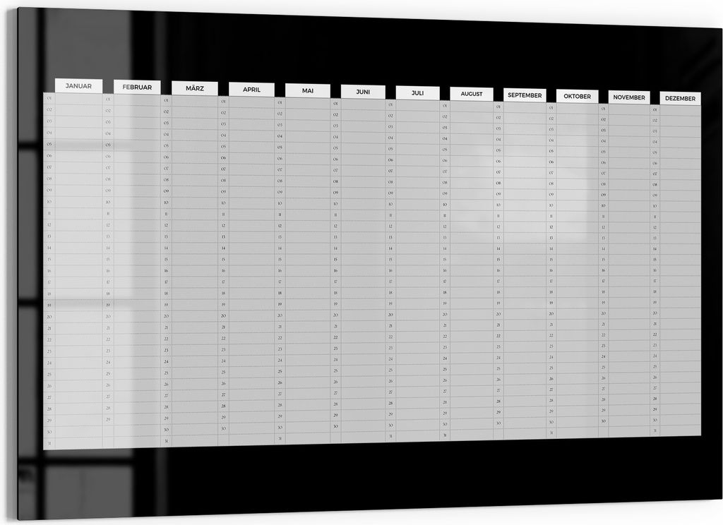 DEQORI Magnettafel Glas 60x40 cm 'Jahresplaner Schwarz (DE)' beschreibbar Whiteboard Küche