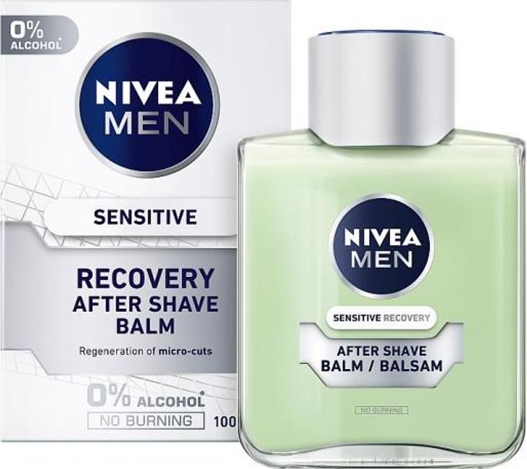 A product shot of Nivea Men Sensitive Recovery After Shave Balm, with its packaging visible.
