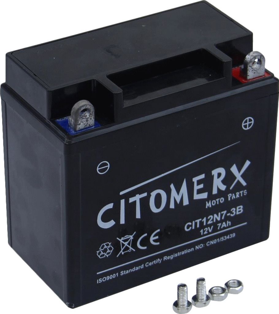A black motorcycle battery with white text and symbols on its side.