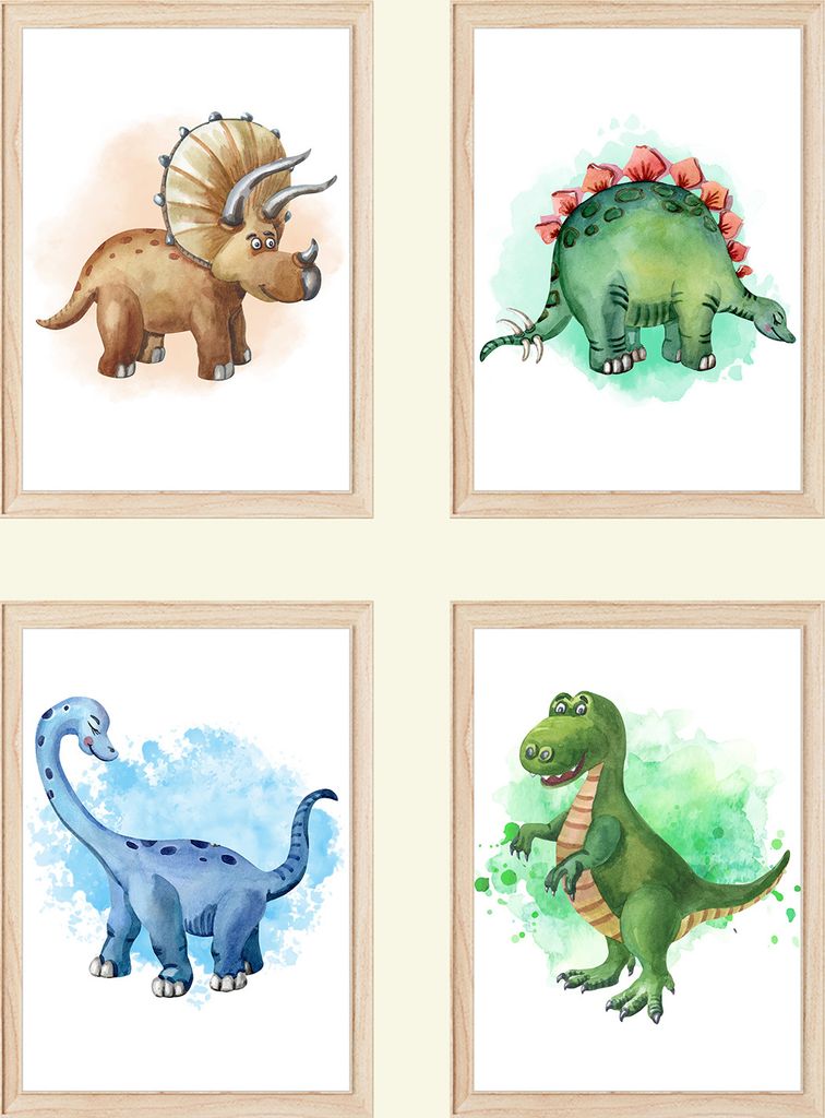 Dinosaurier 4er Set Bilder Kinderzimmer Dino Deko DIN A4 Poster Babyzimmer Wandbilder