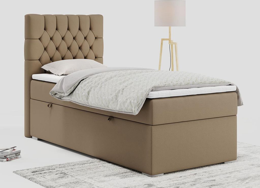 Einzelbett - Boxspringbett 90x200 mit Bettkasten und Matratzentopper - PERA 90 - links - Braun - H3