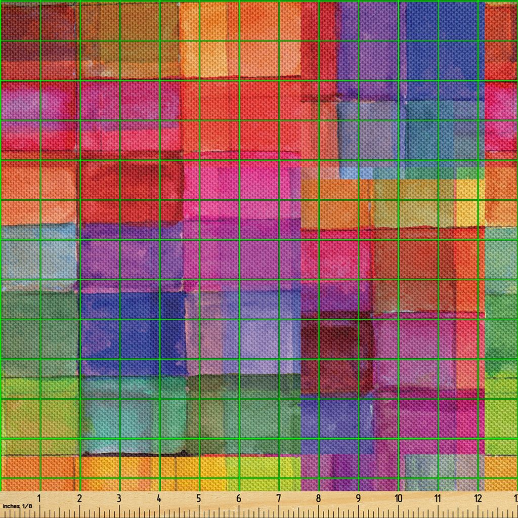 ABAKUHAUS Abstrakt Satin Stoff als Meterware, Regenbogen Farbiges Geometrisches Quadrat Geformte Motiven Aquarell Design, 5 M (148 x 500 cm), Mehrf...