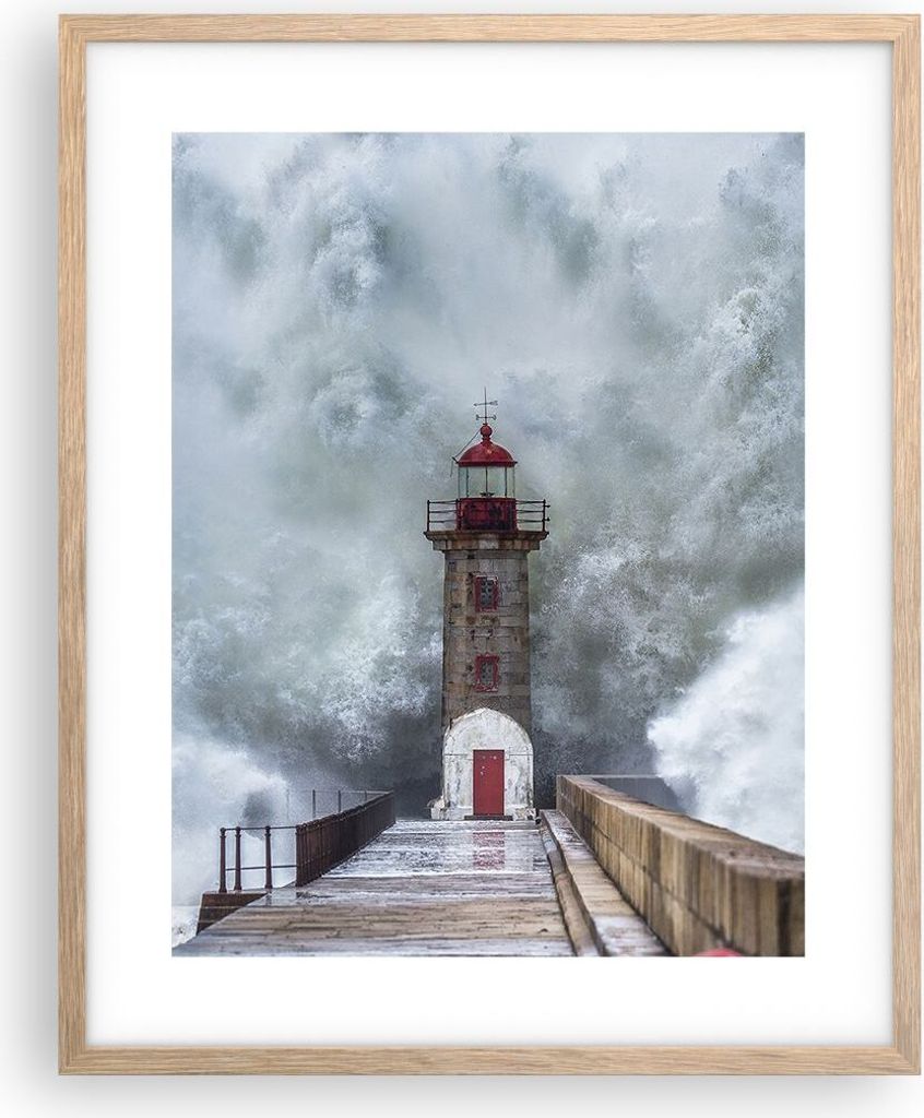 Gerahmtes Poster - Rahmen in heller Eiche - Laterne Meer Sturm - 40x50 cm - Wand Bild - Wanddeko - Wandbilder - Kunstposter - Wandposter - Bilderra...