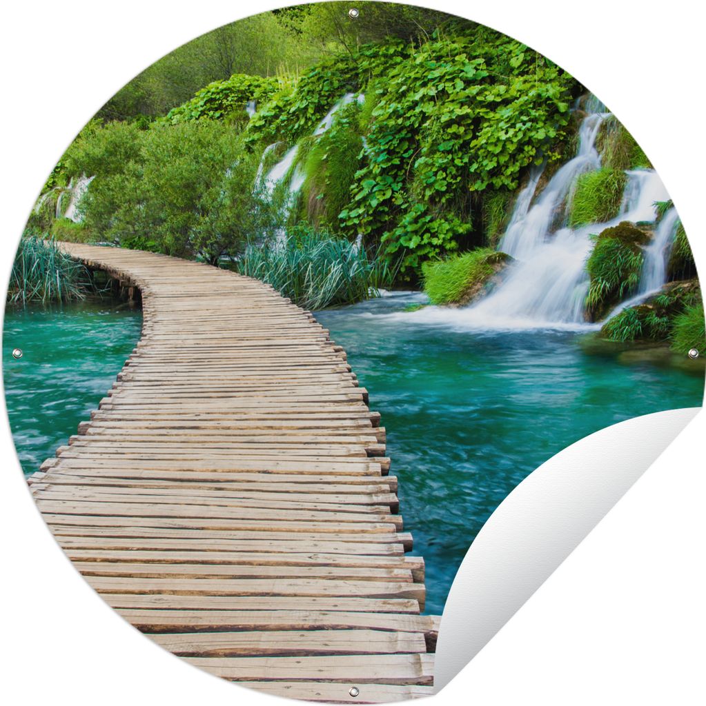 MuchoWow Gartenposter Outdoor-Poster Rund Brücke - Wasser - Pflanzen - Wasserfall - Grün Ø 90 cm Gartendeko Rundes Poster draußen