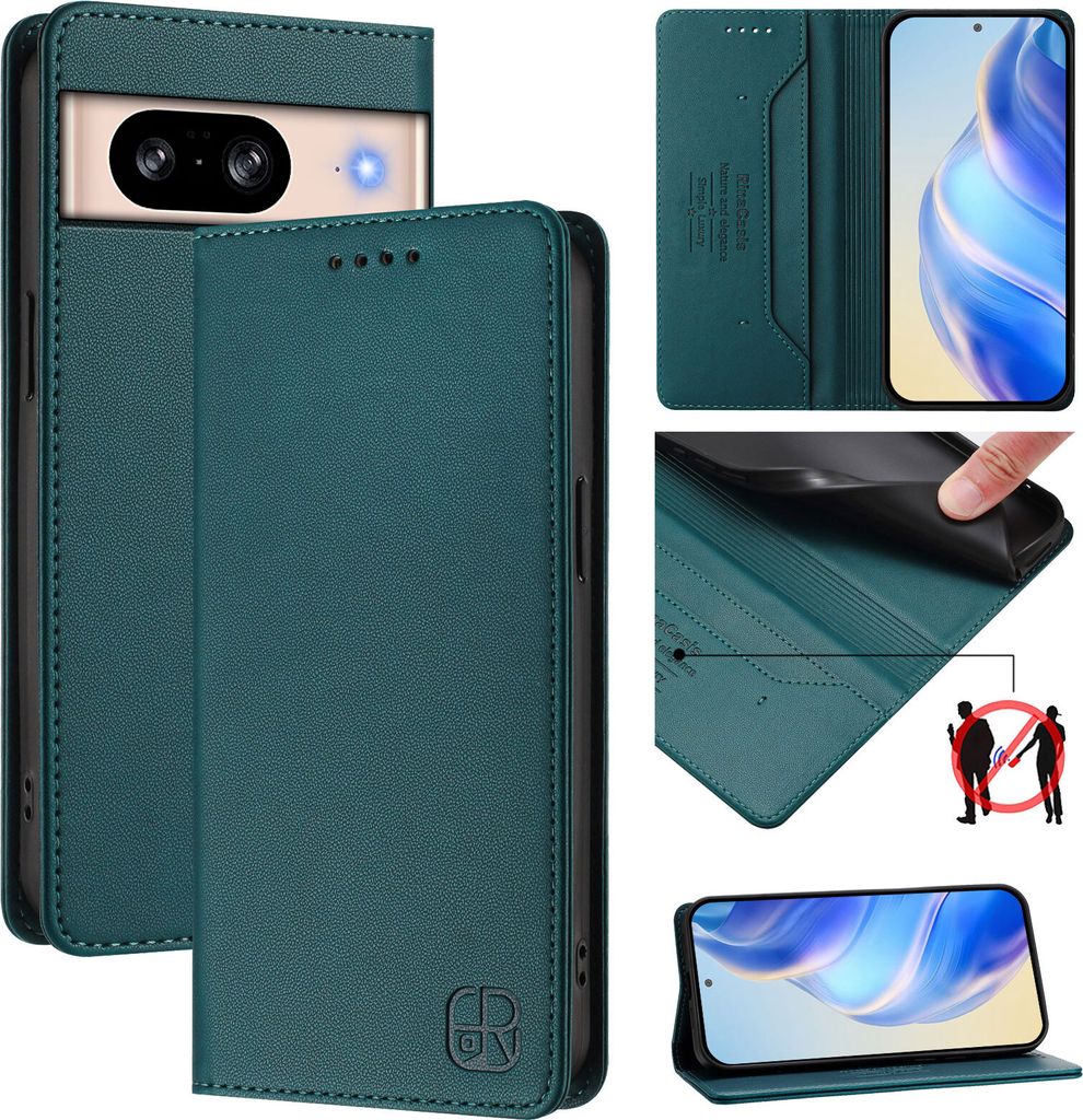 Lederhülle für Google Pixel 8 Hülle Flip Brieftasche Kartenfächern Ständer Schutzhülle Dunkelgrün