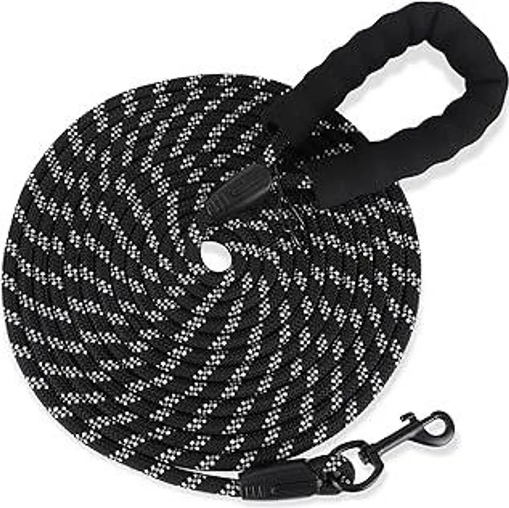 Guinzaglio riflettente per cani, guinzaglio da 10 m con impugnatura imbottita e 2 moschettoni, guinzaglio resistente per cani di taglia grande e media, moschettone con chiusura di sicurezza (nero, 10 m x 9 mm) - 1