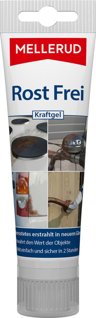 A tube of MELLERUD Rost Frei Kraftgel with images showing its application.